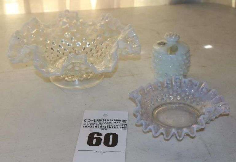 3 Fenton Ruffled Edge Opal Hobnail Translucent Candy Dish, Center Piece Bowl , Jar with Lid, & Glass Stirring Stick image