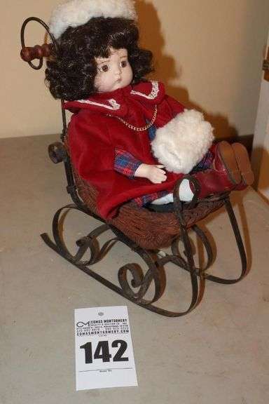 Vintage Kingstate Collector Doll - Porcelain "Just Me - Amanda" in Hat & Muff on Sled image