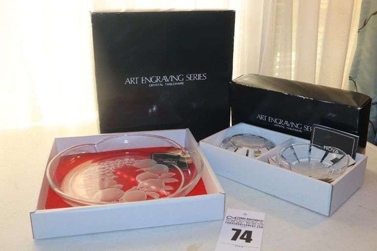 2 Sets of Hoya Crystal in Boxes - Art Engraving Series - Crystal Table ware: 4 Etched Fruit Bowls & Serving Dish - same pattern image