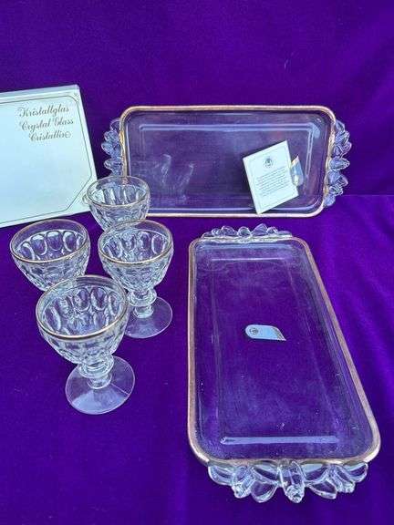 2 Walther-Glass Stollen Plates- Germany and 4 Jeannette Thumbprint Drink Glass 22K Gold Trim.
