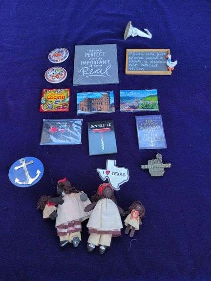 Misc Box Travel Magnets and 2 small Dolls image