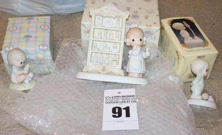 Precious Moments Porcelain Items: 3 - "I Believe In Miracles" 1996, "A Perfect Display of 15 Years" 1996, & 'Baby 1st World" 1992 (pole is missing)  - All in Original Boxes image