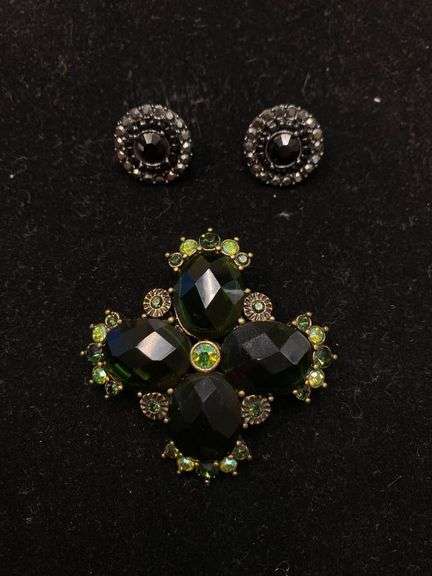 Antique 2in Brooch and 0.5in Clip-on Earrings