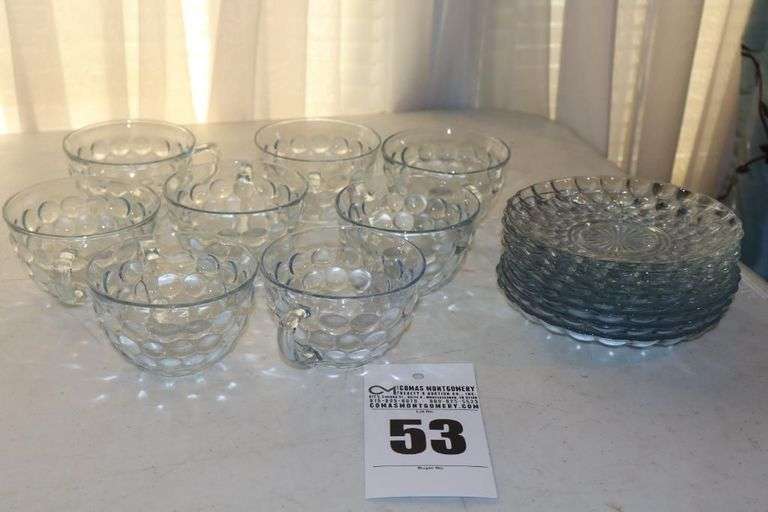 Set of Anchor Hocking Blue Bubble "Thumbprint" Glass Punch Cups & Dessert Plates image