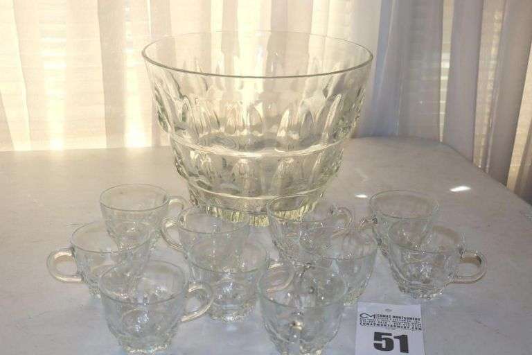 Hazel Atlas Reflection Clear Glass Punch Bowl with 10 Cups image