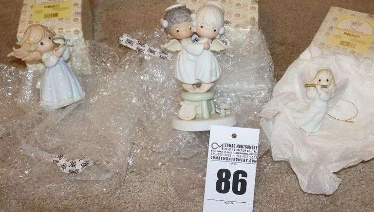 Precious Moments Porcelain Items: 3 - "Wishes for the World" 1999, "Angel We Have Heard on High" 1991, & Joy to the World Ornaments" 1996 - All in Original Boxes image