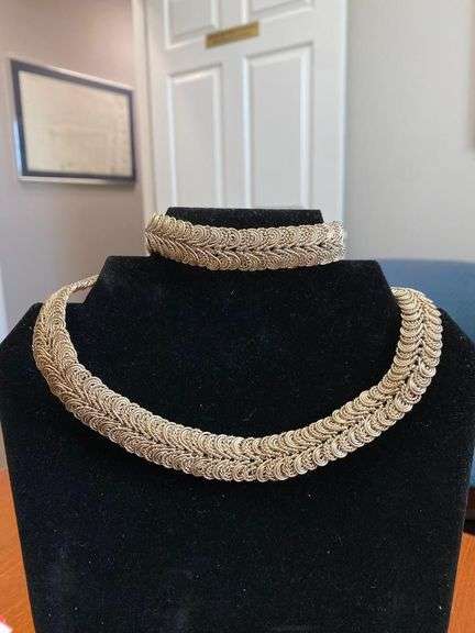 7in Woven Silver Tone Choker Necklace w/ Matching 7.5in Egyptian Revival Bracelet image