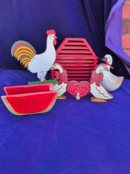 Misc Box. Wood Rooster and Barn, Geese Towel Holder, Ceramic Napkin Holder, Ceramic Goose image