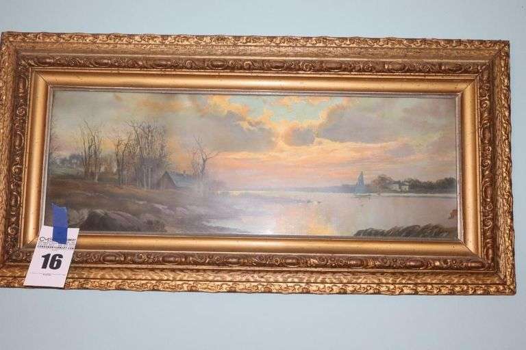 Vintage Gold Tone River Print in unique frame 18"x36" image