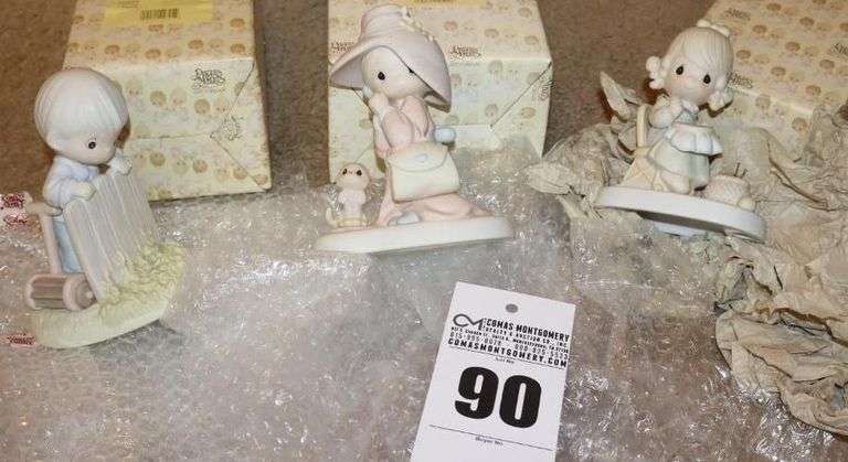 Precious Moments Porcelain Items: 3 - "It May be Greener but it is Just as Hard to Cut" 1995, "To a Very Special Mom" 1983, & "Mother Sew Dear" 1979 - All in Original Boxes image