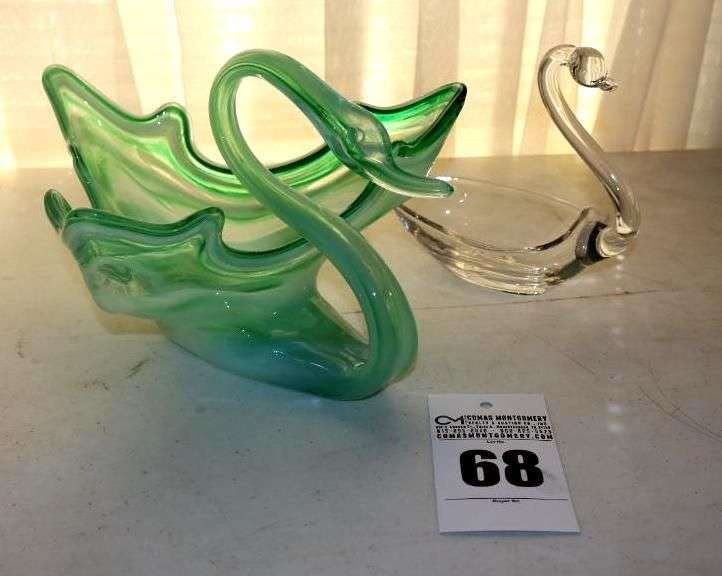 Murano Style "Blown Art" Glass Swan Dish & Clear Glass Swan Bowl image
