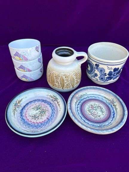3 Waechterbach Bowls- Germany, 1 Painted Pottery Planter, 1 Vintage German Vase with Handle and 2 Ocmulgee Pottery Deep Plate or Shallow Dish image
