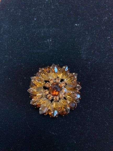2in Vintage Amber Aurora Borealis Rhinestone Flower Pin Brooch image