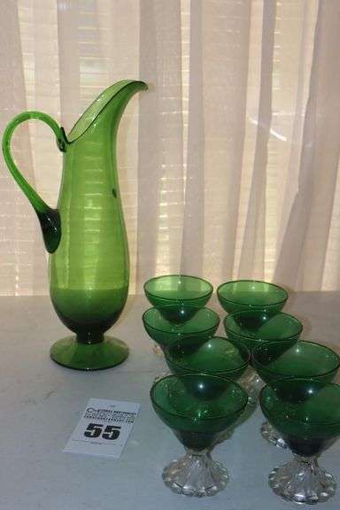 8 Vintage Anchor Hocking Forest Green Boopie Sherbert/Champagne Cups & Hand Blown Made in Italy Pitcher image