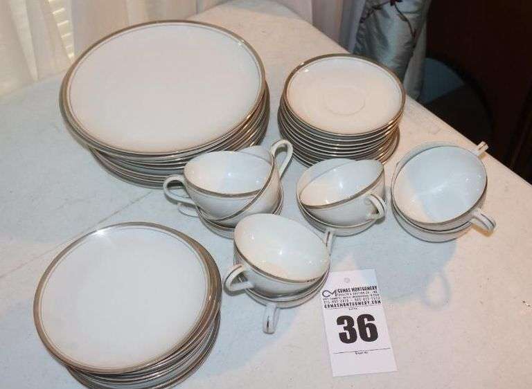 Royalton China "Translucent Porcelain" made in Japan gold Trim: 10 Dinner Plates, 10 Dessert Platea, 10 Saucers, & 10 Cups image