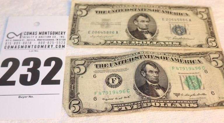 Five Dollar Bill $5.00 1953 "Silver Certificate & Five Dollar $5.00 1950C "Federal Reserve Note" image