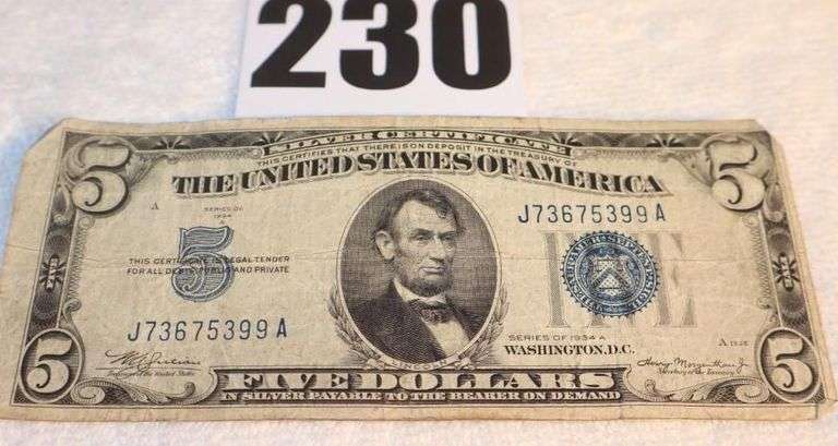 1934A Five Dollar Bill $5.00    "Silver Certificate" image