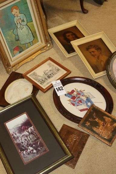 Variety of Wall Art Items: Brass Impressions, Cross stitch, Prints, Monticello by Scott Kiefer, & Fox Hunt by Whitehead etc. image