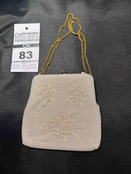 Vintage White Beaded Clutch Handbag with Gold Chain image