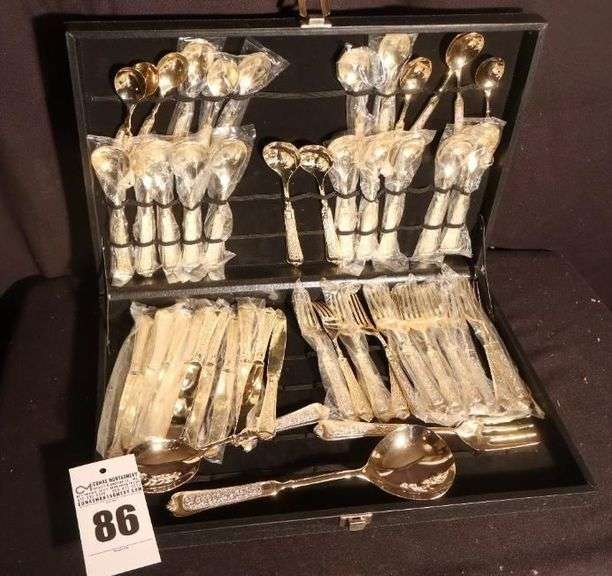 Set of Gold Plate Flatware with serving pieces in Case - 52 pieces image