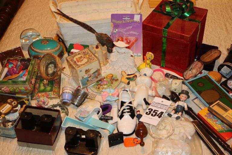 Variety of Kid items: Box, Basket, Plastic Containers, Variety of toys, 2 Vintage Sawyer View Masters, Box of Books on Travel in USA etc. image