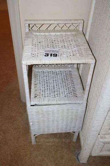 Vintage White Wicker Bedside Table with Shelf and front door  28.5"x12"x12"                                   **Similar White Wicker Lots        #312-#323 image