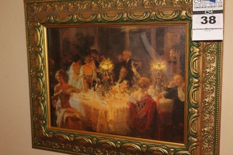Vintage Framed  Wall Art in Gold Frame - "The Dinner Party" Print by Jules Grun  18"x22" image