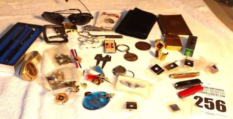 Variety of Men's items: Wallet, Belt Buckles, Lighter, Knives, Keychains, Pins,  Sunglasses,  Pens,Etc. image