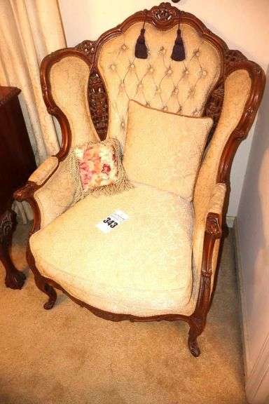 Vintage French Louie XV Style Carved Wood Wing Back Arm Chair with Tufted Back and upholstery 44"x29"x23" image