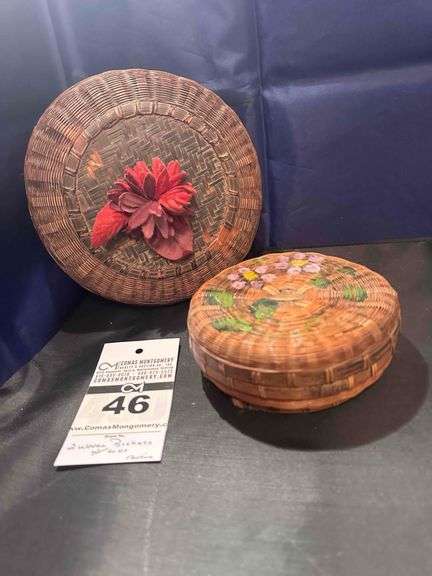 2 - Antique Woven "Sweet Grass Baskets with Lids"   (1 with pink flower on top) image