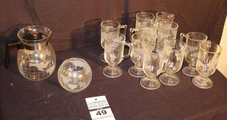 Vintage Nestle Nescafe World Map Glass - Irish Coffee Mugs - 11 total, Pitcher, bowl, and Coffee Pot                                       **Matching Lots #47 & #48 image