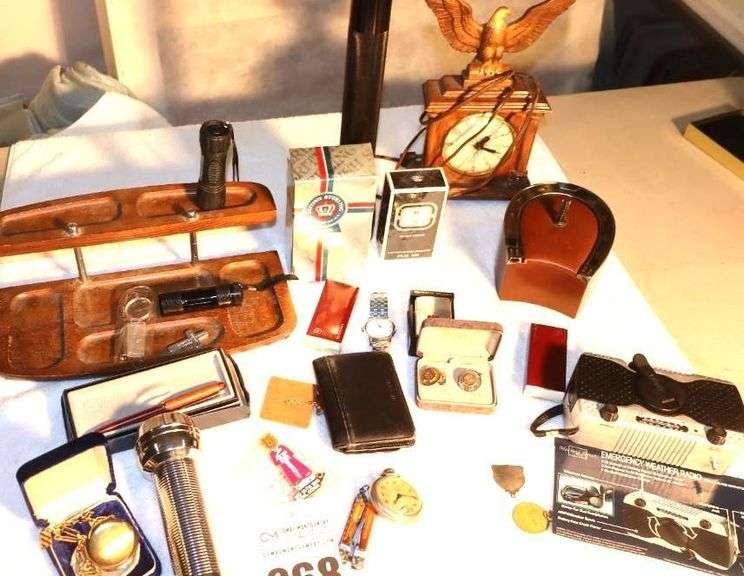 Men's Butler Shelf, Flashlight, Pocket Watch, Wallets, Cuff Links, Weather Radio, Knives, Clock, 2 new in Box Colognes (Royal Copenhagen & British Sterling) etc. image