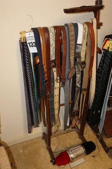 Butler Stand (47"x20") with Top Shelf and Variety of Belts with Buckles, ties, and Dremel Electric Shoe Shine image