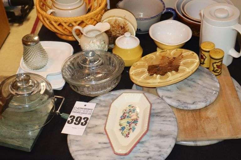 Variety of Cooking/Serving Items: Marble Cheese Cutter, Set of 3 Pyrex Mixing Bowls, Bowl, Pitcher, Creamer, Salt & pepper set, Shaker, Egg Plate, cutting board, Napkin Holder etc. image