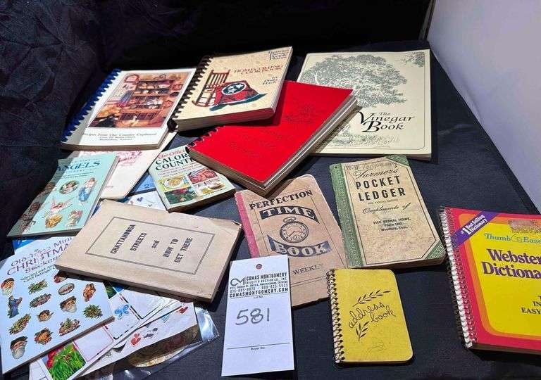 Assortment of Cook Books, Stickers, Dictionary, Vintage Ledger, Time Book and Address Book. Vinegar Book image