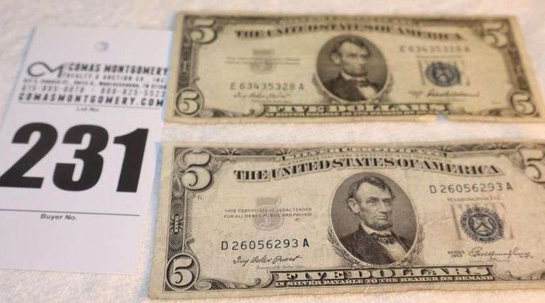 2 - Five Dollar Bills $5.00     "Silver Certificate" 1953 & 1953A image