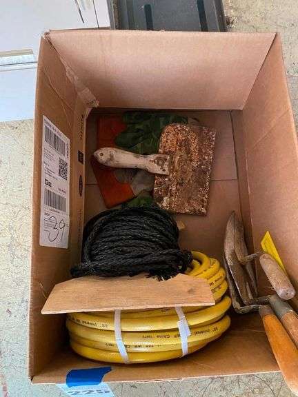 Box of Mixed Tools and Supplies - Hose, Rope, Trowels image