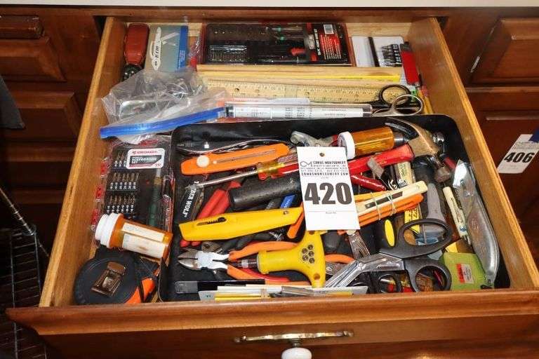 Variety of tools: Hammer, Screwdriver sets, Plyers, Tape, Measuring Tape, Hobby Knife Set, Scissors, Cutters, etc.                *Buyer bring box to remove from drawer image