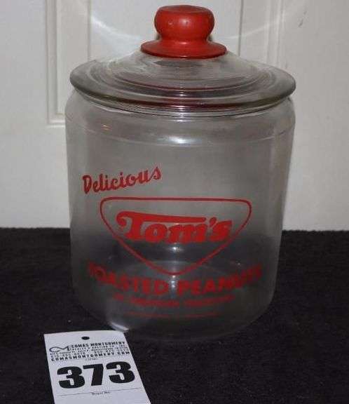 Vintage Tom's Toasted Peanuts Glass Advertising Jar with Red knob lid & Red print  10" image