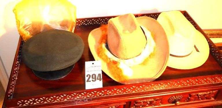 3 Men's Hats - One with fur band & Army Officer Hat with rain cover image