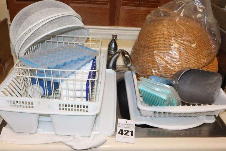 2 Dish Drainers, 2 Different styles of food Covers, Large Ice Scoop, & Variety of Ice Trays image