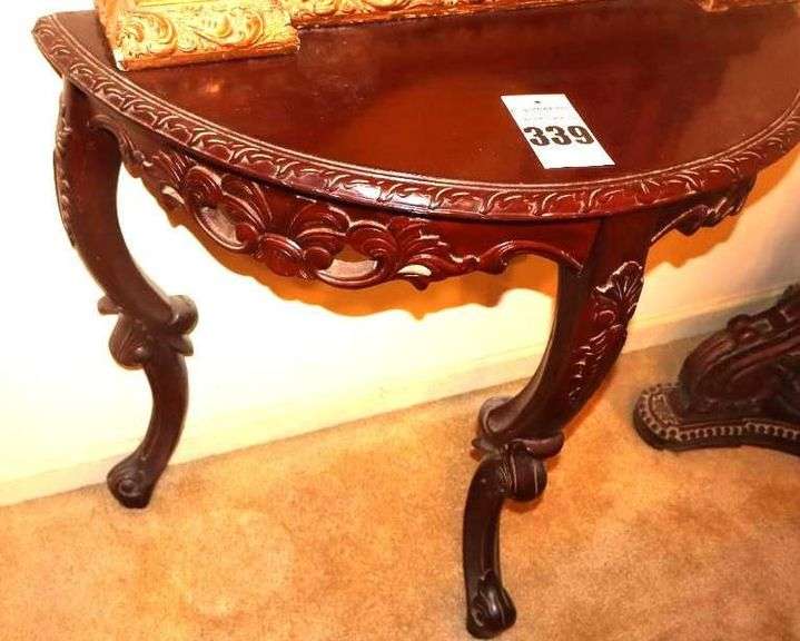 Antique Dark Wood Rococo Style Half Moon Wall Table with Carved Wood 3 legs 29.5"x35"x18.5" image