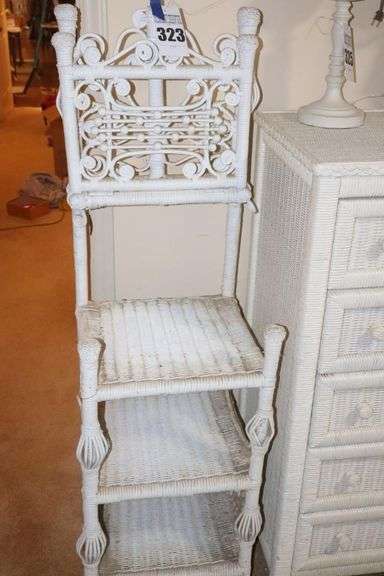 Vintage White Wicker # Shelve Table with Drop Down Top   57"x16"x16"                             **Similar White Wicker Lots        #312-#323 image