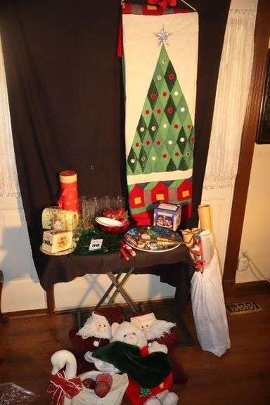 Variety of Christmas Items: Hand Quilted style wall/spread, Glasses, Tray, Décor, Stuffed items, Wrapping Paper etc. image