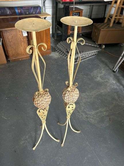 Pair of Tall Metal and Rattan Candle Holders image