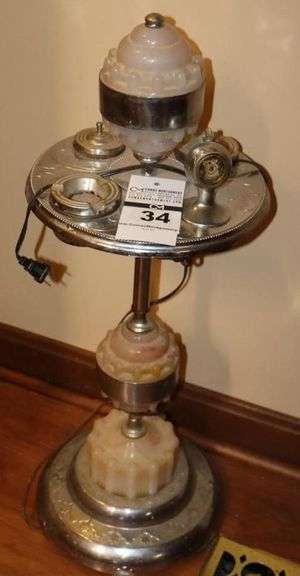 Antique Art Deco Electric Smoking Stand/Ashtray Stand - Made in Crome/Metal with Agate light on top (could not get to work may need bulb)  31"x11" image