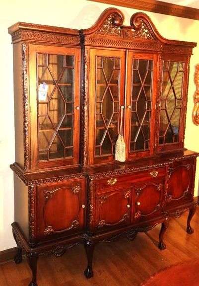 Vintage Mohogany Chippendale Style China Cabinet/Hutch with decorative design- 4 Beveled Glass front doors and inside shelves, drawer, & 3 doors at bottom with inside storage  87"x72"x23"                   **Matches Lot #6 image