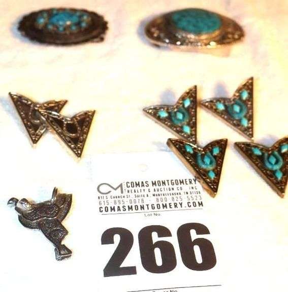 Variety of Men's Western Wear items: 3 Sets of Collar Ends (turquoise) 2 Turquoise Belt Buckles & Saddle Bolo Tie Holder image
