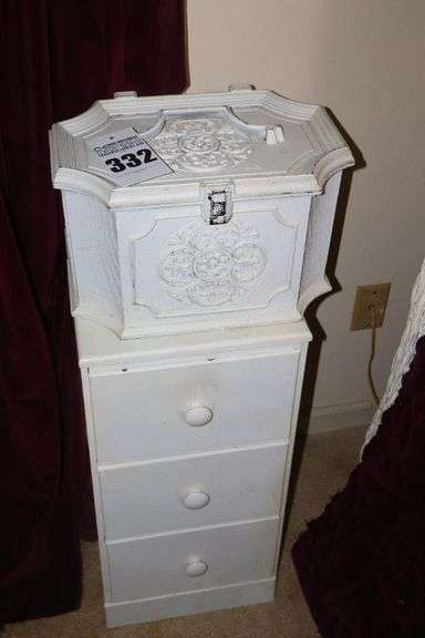 White 3 Drawer Dresser (25.5"x12"x12")& White Plastic Sewing Box (empty) (9"x15.5"x10.5") image
