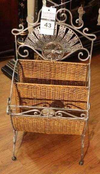Metal, Wicker, and glass accent Double section Magazine Rack 29.5"x15"x12" image